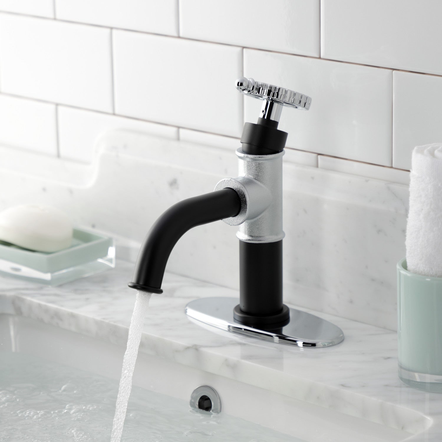 Kingston Sona KSD2821CG - Fuller One-Handle 1-Hole Bathroom Faucet with Deck Plate and Push Pop-Up Drain, Matte Black/Polished Chrome — thumbnail 3